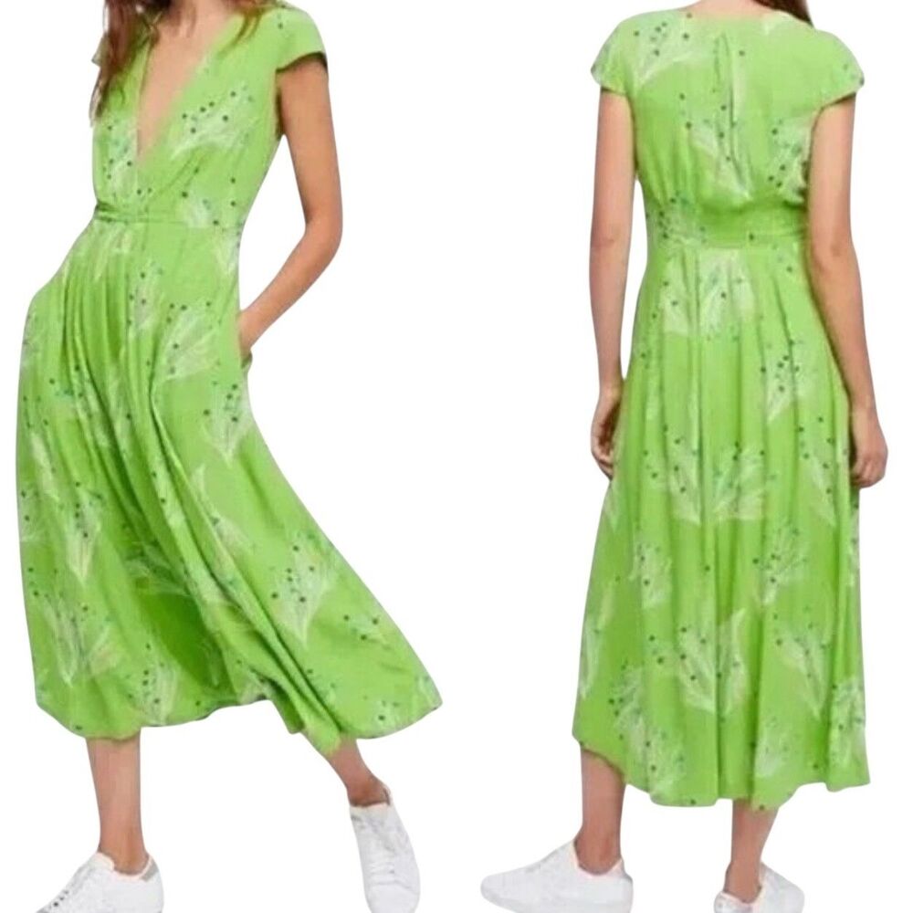 Free People Midi Dress Boho Fit Flare Floral Cap Sleeve Surplice Green 2 - Picture 2 of 8